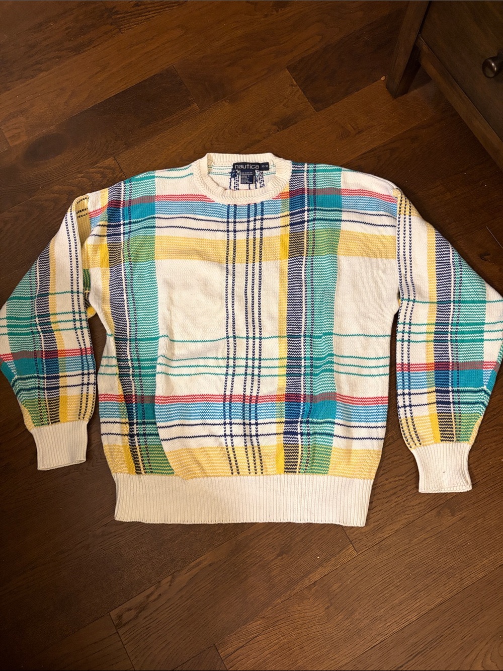 Vintage Nautica Men's Multicolor Plaid Crewneck Sweater 100% Cotton Medium